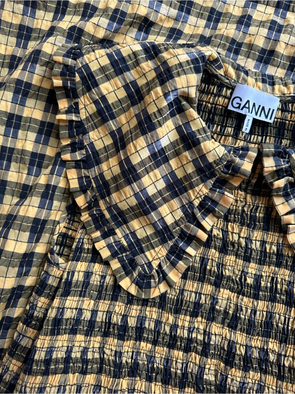 GANNI Shirred ruffle-trimmed checked cotton-blend midi dress - Picture 5 of 7